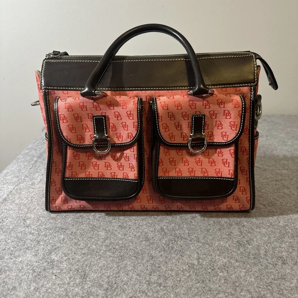 Vtg Dooney & Bourke Red Signature Anniver Double Pocket Leather Trim Coin Sachel